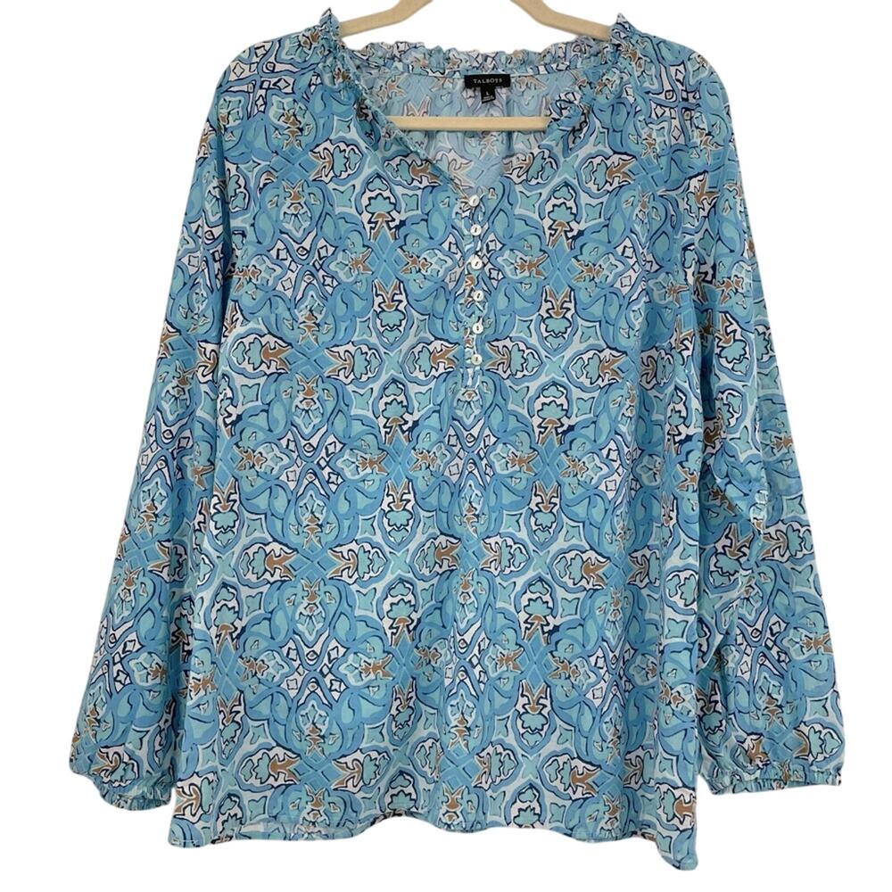 Talbots Blue Floral Boho Long Sleeve Womens Blouse M Printed Puff Sleeve Paisley